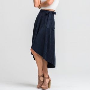 Lush Anemone Navy Midi Suede Wrap Skirt